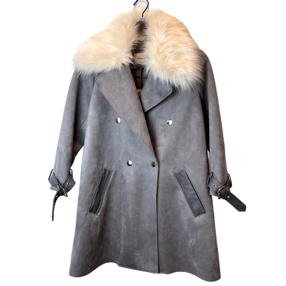 River Island Womens Suedette Coat Faux Fur Collar Double Breasted Gray Size 10 - Picture 5 of 11